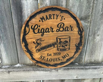 Personalized Cigar Bar Sign, Custom Whiskey Bar Sign, Man Cave Decor, Fathers Day Gift, Cigar Lounge Wood Sign, Customizable Pub Sign
