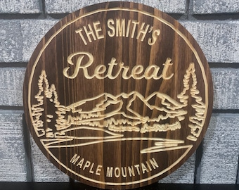 Custom Rustic Wood Retreat Sign – Personalized Cabin or Lodge Wall Decor – Nature-Inspired Gift