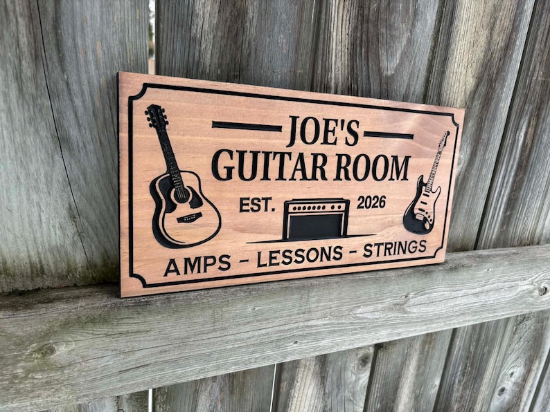 Custom Engraved Wooden Guitar Room Sign | Gift For Him | Music Lover Gift | Gift For Musician | Personalized Wood Wall Decor | Guitar Sign image 4