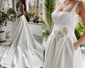 Satin Dress | White | Square | Wedding Dress | Satin | Backless | Crocket Dress | Dress | Simple Dress | Formal |