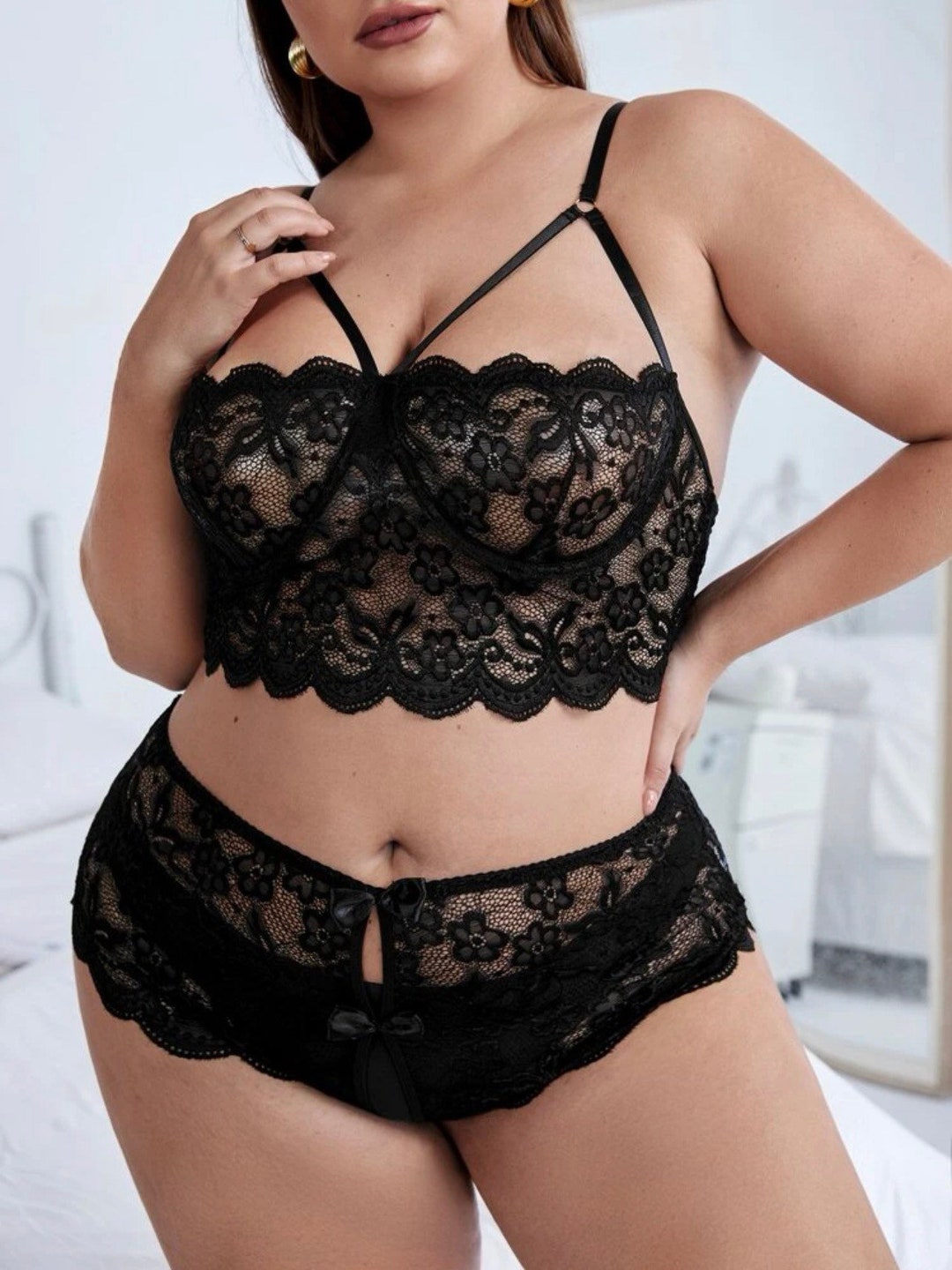 Womens Plus Size Scalloped Trim Crotchless Lingerie Set Plus Etsy