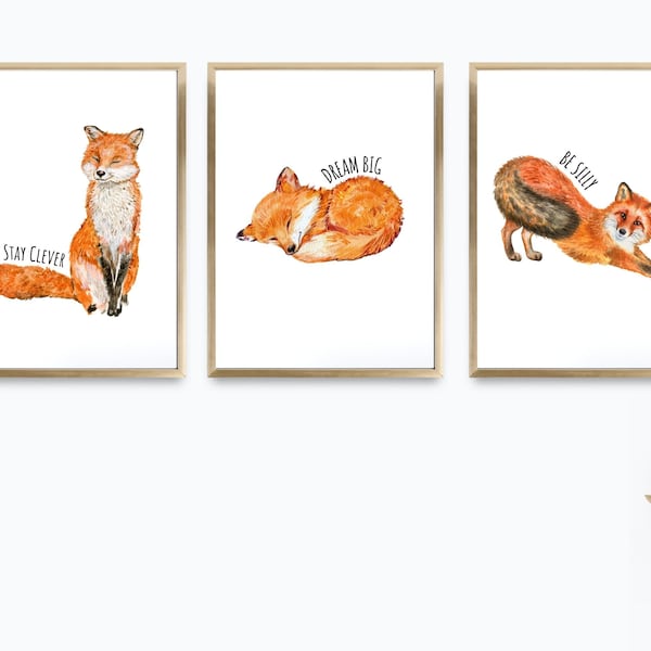 Woodland Fox Watercolor Art Prints Set of 3 | Inspirational Quote Nursery Decor | Red Fox Animal Baby Room Poster | Boy Bedroom Wall Art