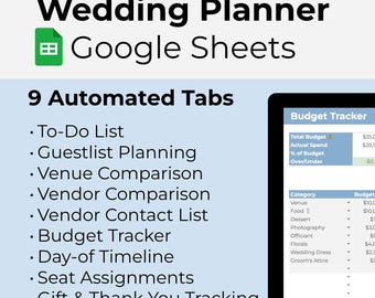 May include: A laptop screen displays a Google Sheets wedding planner. The screen shows a budget tracker with categories and figures. The image also lists 9 automated tabs, including To-Do List, Guestlist Planning, and Budget Tracker.