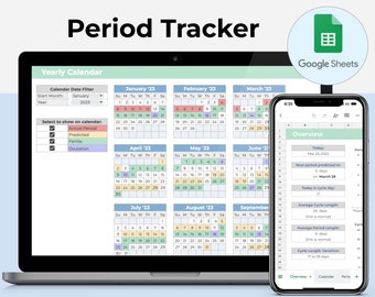 May include: A screenshot of a Google Sheets spreadsheet on a laptop and a mobile phone. The spreadsheet is a period tracker with a yearly calendar, an overview section, and a calendar section. The calendar shows the days of the month, with different colors indicating the actual period, predicted period, fertile days, and ovulation. The overview section shows the current date, the next predicted period, the cycle day, the average cycle length, the average period length, and the cycle length variation.