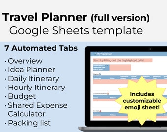 May include: A laptop computer screen displaying a Google Sheets template for travel planning. The template has 7 automated tabs: Overview, Idea Planner, Daily Itinerary, Hourly Itinerary, Budget, Shared Expense Calculator, and Packing List. The template includes a customizable emoji sheet.
