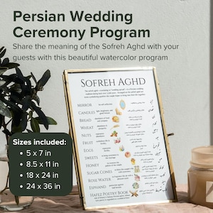 Persische Hochzeit Sofreh Aghd Zeremonie-Programm / Beschreibungskarte / Erklärungskarte / enthält die Größen 5 x 7 Zoll, 8,5 x 11 Zoll, 18 x 24 Zoll und 24 x 36 Zoll