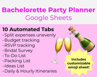 May include: A pink and yellow graphic with the text "Bachelorette Party Planner Google Sheets" and "10 Automated Tabs". The graphic lists 8 features of the planner, including split expenses, budget tracking, RSVP tracking, bridal survey, to-do list, packing list, ideas list, and daily & hourly itineraries. The graphic also includes a champagne bottle popping with two champagne glasses and the text "Includes customizable emoji sheet!"