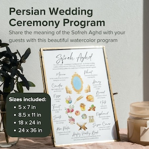 Persische Hochzeit Sofreh Aghd Zeremonie-Programm / Beschreibungskarte / Erklärungskarte / enthält die Größen 5 x 7 Zoll, 8,5 x 11 Zoll, 18 x 24 Zoll und 24 x 36 Zoll
