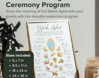May include: A watercolor illustration of a Sofreh Aghd, a traditional Persian wedding spread, with various symbolic items like a mirror, wheat, candles, eggs, fruit, sweets, rose water, and a Hafez poetry book. The illustration is framed in a gold frame and includes the text "Sofreh Aghd" and "Sizes included: 5 x 7 in, 8.5 x 11 in, 18 x 24 in, 24 x 36 in".