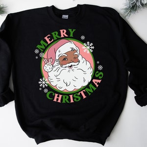 Pink and Green Black Santa Christmas Crew Neck Sweatshirt, Pretty African American Xmas Sweatshirt, Holiday Gift for Soror, Black Owned Shop