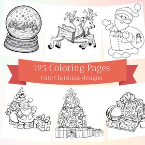 Pode incluir: Um conjunto de 195 páginas para colorir com designs natalinos fofos. Os designs incluem um globo de neve, renas, Papai Noel, uma árvore de Natal e presentes.