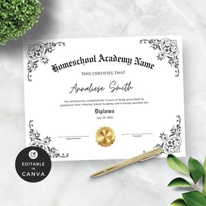Plantilla editable de diploma de educación en casa: Certificado de graduación rellenable (Canva)