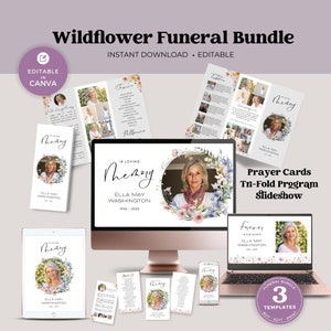 Paquete de plantillas de Canva de presentación de diapositivas funerarias, programa tríptico de servicio conmemorativo, tarjeta de oración de celebración de la vida para Canva funerario, flores silvestres