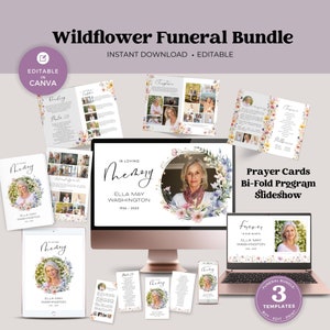 Paquete de plantillas de Canva de presentación de diapositivas funerarias, programa plegable de servicio conmemorativo, tarjeta de oración de celebración de la vida para Canva funeraria, flores silvestres