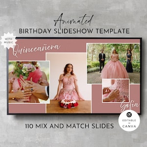 May include: A digital template for a birthday slideshow, featuring a pink and black frame with photos of a Quinceañera celebration. The template includes the text "Animated Birthday Slideshow Template" and "110 Mix and Match Slides". The template is editable in Canva.