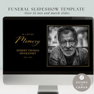 Funeral Slideshow Canva, Celebration of Life Photo Slideshow Template, Create Your Own Presentation, Memorial Video, Simple Black & Gold-F03