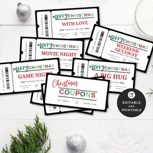 Plantilla de libro de cupones navideños imprimible, boletos editables para experiencias, cupones personalizables para niños, regalo para él o para ella, Canva