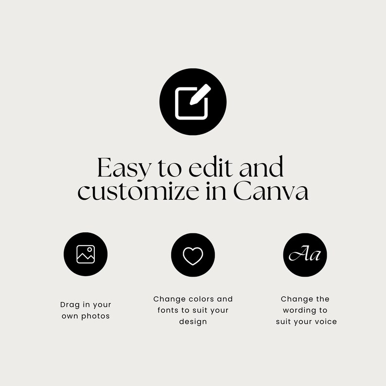 May include: A graphic showing how to customize a design in Canva. The graphic shows a black circle with a white edit icon, a black circle with a white image icon, a black circle with a white heart icon, and a black circle with white text that says "Aa". The text below the graphic says "Easy to edit and customize in Canva".