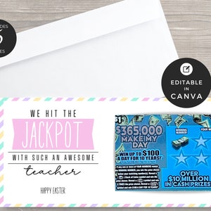 Zdrapka na loterię DIY Edytowalny szablon | Uchwyt na los na loterię | Karta podarunkowa Lotto | Wielkanocne podziękowania dla nauczyciela | Szablon Canva ES01