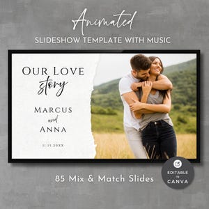 Może przedstawiać: Czarna ramka szablonu pokazu slajdów z tekstem "Animated Slideshow Template With Music". Szablon zawiera słowa "Our Love Story" oraz imiona "Marcus i Anna". Obraz przedstawia obejmującą się parę. Szablon ma 85 slajdów.