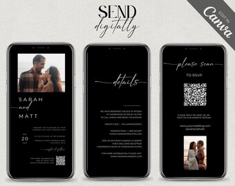 ブラッククリーン電子招待状バンドルCanvaテンプレート、モダンでシンプルなスマートフォン用招待状、デジタル詳細とRSVP、SMSウェディング - B01
