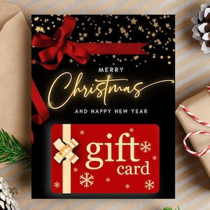 Plantilla de Canva del titular de la tarjeta de regalo de Navidad imprimible, personalizado editable en negro y oro, regalo de bricolaje de último minuto para él o ella