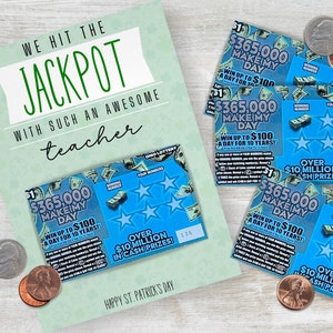 Nauczyciel Lotto doceniający wydruk, edytowalny szablon DIY, personalizuj za pomocą Canva, loteria na dzień św. Patryka, uchwyt na losy loterii