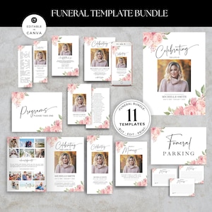 May include: A collection of funeral template designs, including programs, memorial cards, and signage. The templates feature floral accents and a photo of a person. The text includes "Celebrating the Life of" and "Funeral Parking".