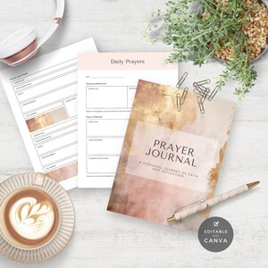 May include: A printable prayer journal with a watercolor background in shades of pink and gold. The cover features the text "Prayer Journal" and "A Personal Journey of Faith and Reflection". The journal is editable with Canva.