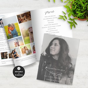 Modèle de programme de funérailles Canva, 8 pages, photo nécrologique modifiable pliée en deux, imprimable, en souvenir, simple célébration commémorative de la vie F08