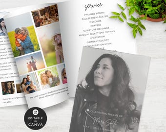 Editable Funeral Program Template: Bi-Fold Photo Obituary (Canva)