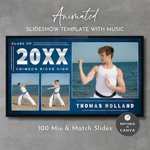 Op de afbeelding: Een digitale diavoorlagesjabloon met de tekst "Animated Slideshow Template With Music". Het ontwerp heeft een blauwe achtergrond met de tekst "Class of 20XX Crimson Ridge High" en afbeeldingen van een persoon die vechtsport beoefent. De naam "Thomas Holland" wordt ook weergegeven.
