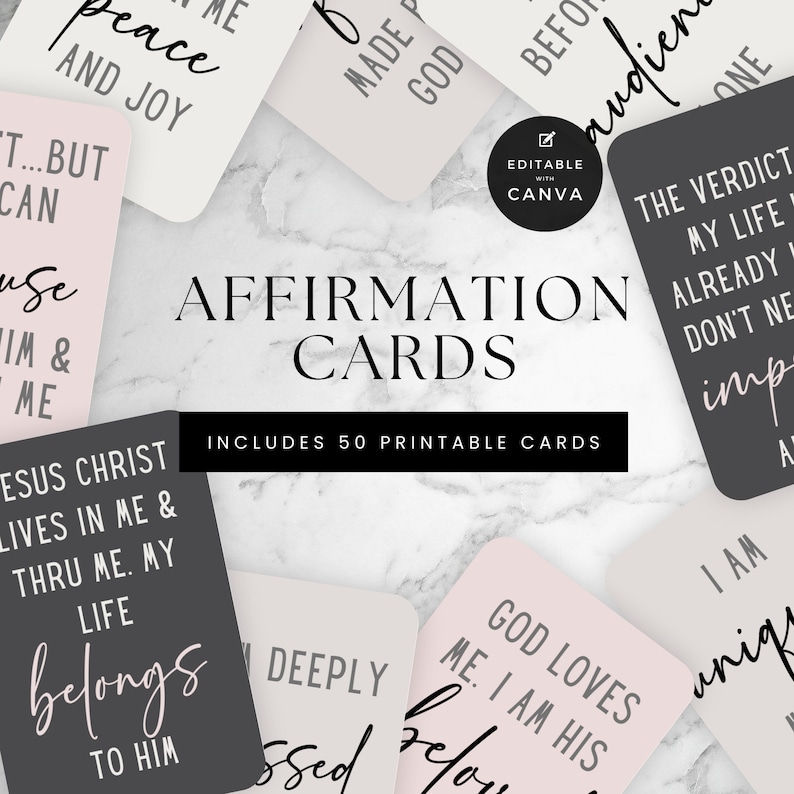 May include: A set of 50 printable affirmation cards with a marble background. The cards are in various colors and feature positive affirmations such as "Jesus Christ lives in me & thru me. My life belongs to him" and "God loves me. I am his beloved".