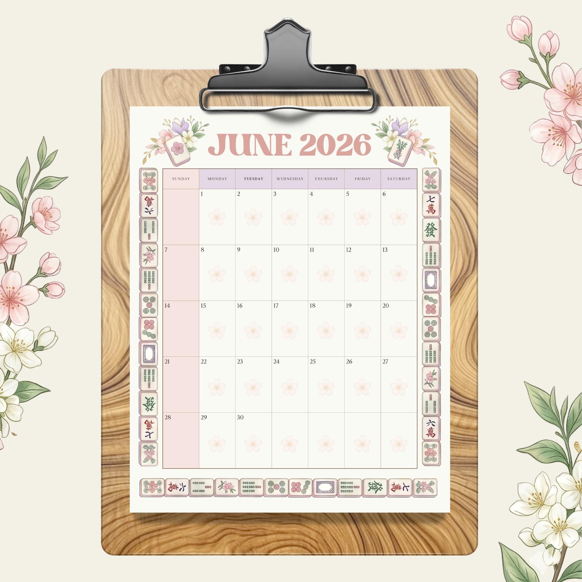 June 2026 Mahjong Calendar Template | One Page Printable | Editable ...