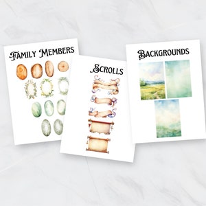 May include: Three printable sheets of watercolor illustrations for use in digital scrapbooking or other creative projects. The first sheet features family members, including tree stumps, wreaths, and eggs. The second sheet features scrolls in various styles. The third sheet features backgrounds, including a field with a path, a green watercolor wash, and a blue watercolor wash.