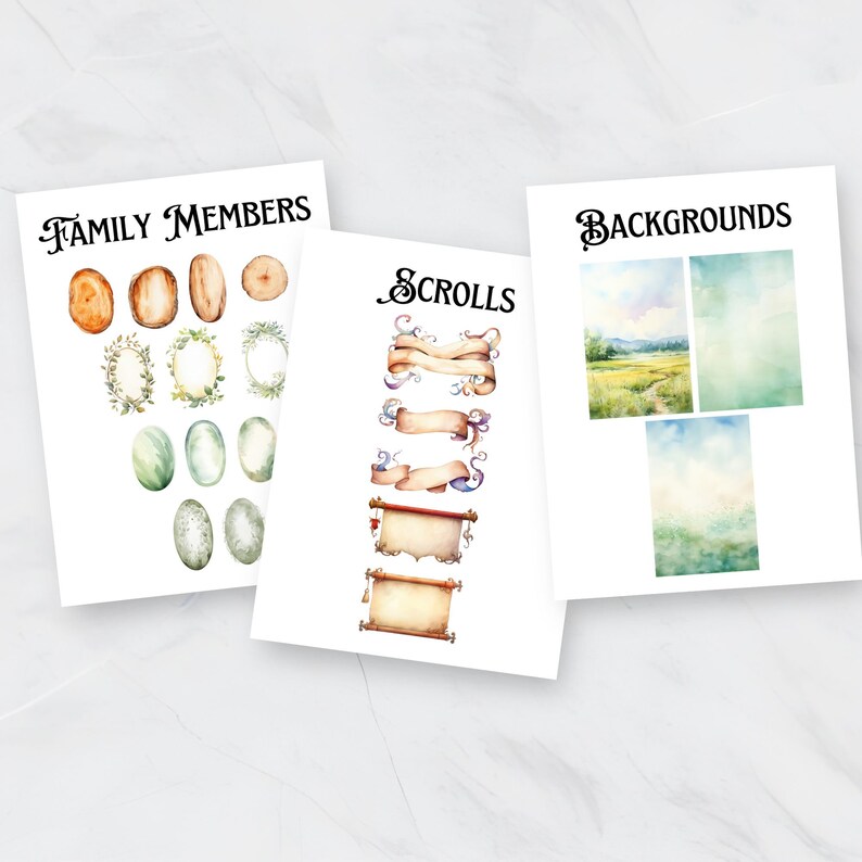 May include: Three printable sheets of watercolor illustrations for use in digital scrapbooking or other creative projects. The first sheet features family members, including tree stumps, wreaths, and eggs. The second sheet features scrolls in various styles. The third sheet features backgrounds, including a field with a path, a green watercolor wash, and a blue watercolor wash.