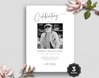 May include: A black and white photo of a man wearing a hat and glasses. The photo is on a white background with the text "Celebrating the life of Robert Shamansky May 3, 1926 - January 1, 20XX Wednesday January 4, 20XX Fairfield Christian Church 123 Street, City, State reception to follow 3 sizes".