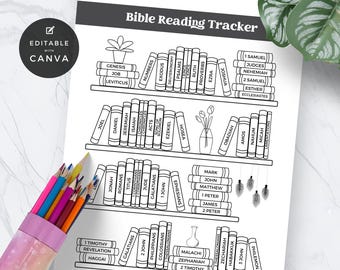 Bible Reading Tracker: Bookshelf Coloring Page (Canva Template)
