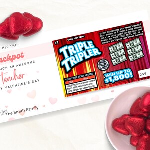 Modello stampabile in tela per portacarte della lotteria di San Valentino, regalo personalizzato retrò modificabile del Lotto, portacarte da grattare per insegnante