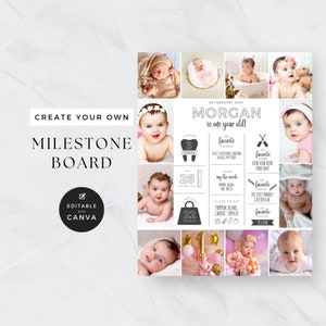 Milestone Board, Baby Stat Poster, 1st Birthday Photo Collage Sign, Party Supplies, Printable Modern Monthly Milestone Decor, One Year Of