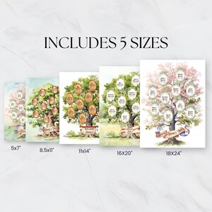 May include: Five different sizes of watercolor family tree prints are shown. The prints feature a tree with leaves and branches, with circles for names. The sizes are 5x7 inches, 8.5x11 inches, 11x14 inches, 16x20 inches, and 18x24 inches.