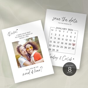 Cartões engraçados da dama de honra | Calendário de informações da madrinha de casamento | Simples salve a data | Proposta para festa de casamento | Modelo Canva personalizável