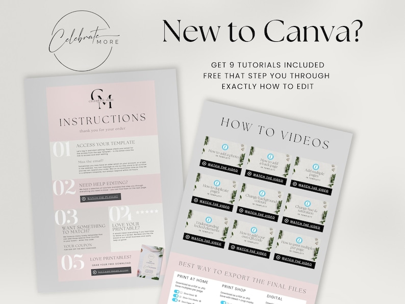 May include: A pink and white printable guide with instructions on how to access and edit a Canva template. The guide includes nine video tutorials on how to use Canva, with titles like "How to add a photo" and "How to duplicate a page". The guide also includes information on how to export the final files for printing at home, printing at a shop, or digitally.