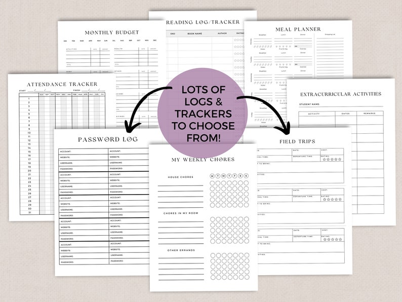 Op de afbeelding: Een verzameling afdrukbare log- en tracker-sjablonen om je leven te organiseren. De sjablonen omvatten een maandelijks budget, een leeslogboek, een maaltijdplanner, een aanwezigheidstracker, een wachtwoordlogboek, wekelijkse klusjes, buitenschoolse activiteiten en excursies.
