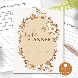 Puede incluir: Un planificador de profesor imprimible con un diseño floral en tonos marrones y blancos. El planificador tiene un círculo en el centro con el texto "teacher planner" y las palabras "Loop Schedule Plan" y "Editable in Canva" son visibles.