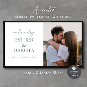 Könnte beinhalten: Ein schwarz gerahmtes Diashow-Template mit dem Text "Animated Slideshow Template With Music". Die linke Seite zeigt "our love story", die Namen "Esther & Dakota" sowie Datum und Ort. Die rechte Seite zeigt ein sich umarmendes Paar. Bearbeitbar in Canva.