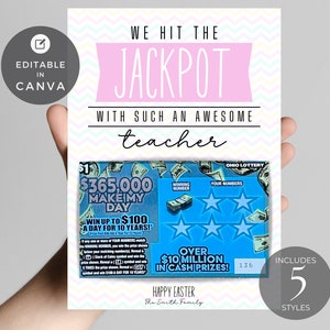 Zdrapka na loterię DIY Edytowalny szablon | Uchwyt na los na loterię | Karta podarunkowa Lotto | Wyrazy wdzięczności dla nauczyciela na Wielkanoc | Szablon Canva EE01