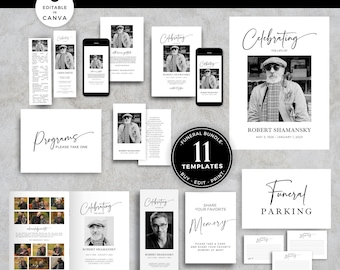 Simple Minimal In Loving Memory Funeral Bundle, Memorial Stationery Set, Editable Canva Template Suite, Celebration Of Life Package - F01