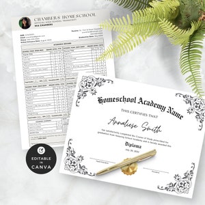 Può includere: Un certificato di diploma in bianco e nero con bordi decorati. Il testo "Homeschool Academy Name" è in cima al certificato. Il testo "This certifies that Annaliese Smith" è sotto il nome dell'accademia. Il testo "has satisfactorily completed the Course of Study prescribed for graduation from Amazing School Academy and is hereby awarded this Diploma" è sotto il nome. La data "July 30, 2024" è sotto il testo "Diploma".
