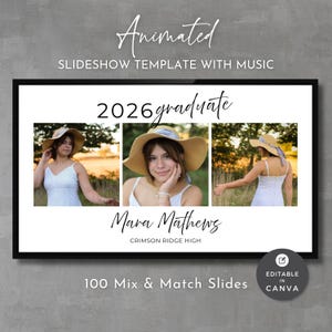 Op de afbeelding: Een geanimeerde diavoorlagesjabloon met muziek, in een zwarte lijst, met de tekst "Animated Slideshow Template with Music". Het ontwerp bevat drie foto's van een persoon met een hoed, de tekst "2026 graduate" en de naam "Mara Mathews". Er staat ook "Crimson Ridge High" en "100 Mix & Match Slides."